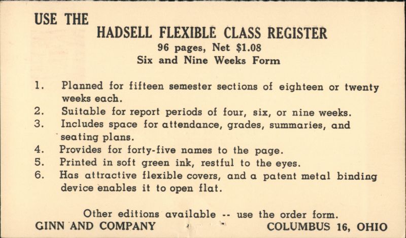 Hadsell Flexible Class Register, Ginn and Company Advertisement