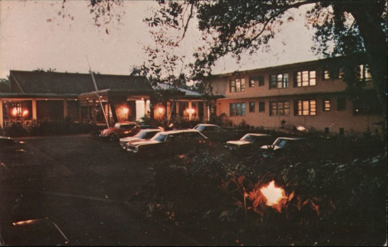 Hilo Hotel Evening View, Tiki Torches, Vintage Postcard Hawaii