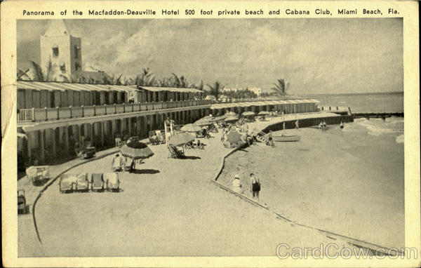 Panorama of the Macfadden-Deauville Hotel 500 foot private beach and Cabana Club Miami Beach Florida