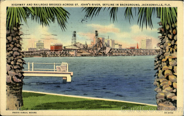 Highway And Railroad Across St. John'S River, Skyline In Background Jacksonville Florida