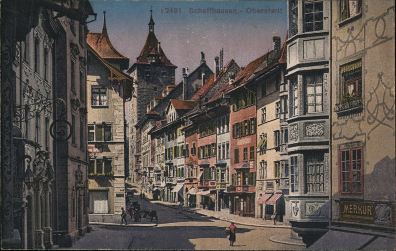 Schaffhausen - Oberstadt Street View with Munot Tower Switzerland