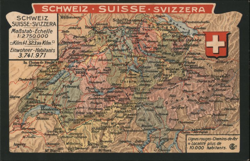 Map of Switzerland with Cities, Railways, and Population Data