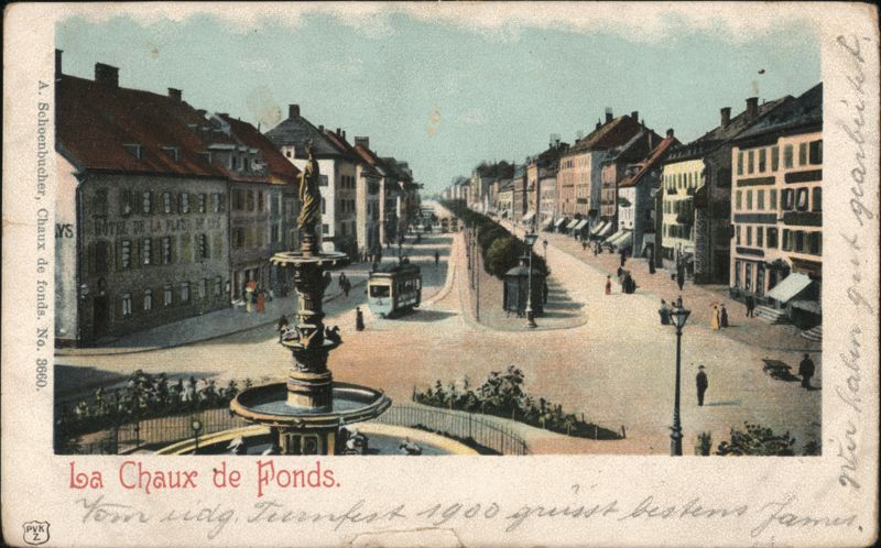 La Chaux de Fonds Fountain and Street Scene Switzerland