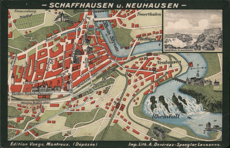 Schaffhausen & Neuhausen Map with Rheinfall View Inset Switzerland