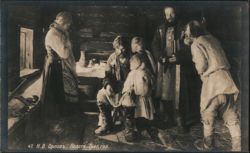 Russian Peasant Family in a Log Cabin Postcard