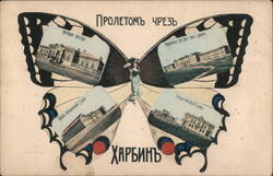 Russian Harbin Butterfly Montage: Public Library, Hospital, Train Station & Bank 
