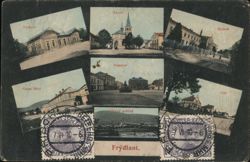 Frydlant, Bohemia: Nádraží, Kostel, Klášter, Hatní úřad, Náměstí, Víly, Čalkov pohled Postcard