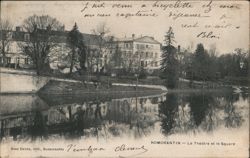 Romorantin Theatre and Square Reflected in River Postcard