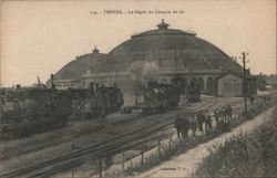 Troyes Train Depot with Steam Locomotives France Postcard