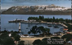 Ouchy-Lausanne: Le Port, le Débarcadère et les Alpes de Savoie Postcard