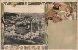 Schaffhausen Industrial View with Romantic Couple Illustration Postcard