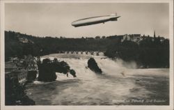 Graf Zeppelin Airship Soaring over Rhine Falls Waterfall Postcard