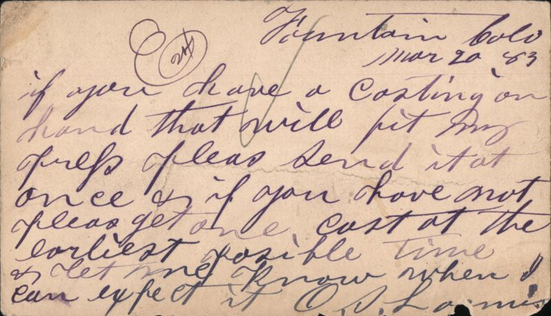Request for Coating, Mountain Postcard, March 20, 1883 Denver Colorado