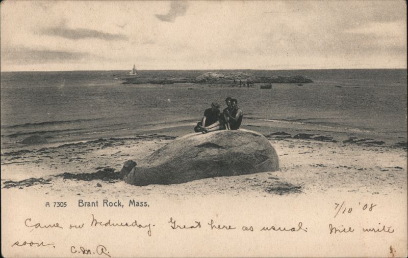 Brant Rock, Mass. Couple and Dog on Beach Rock Massachusetts