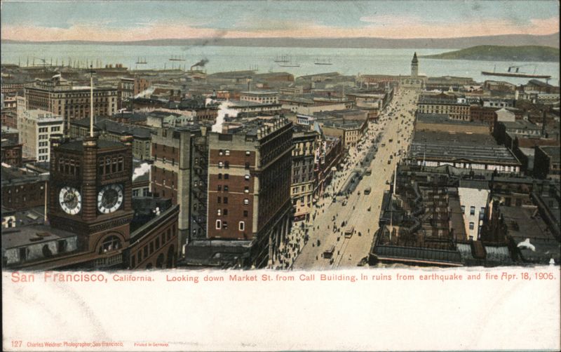 Looking down Market St. from Call Building in ruins for Earthquake April 18, 1906 San Francisco California