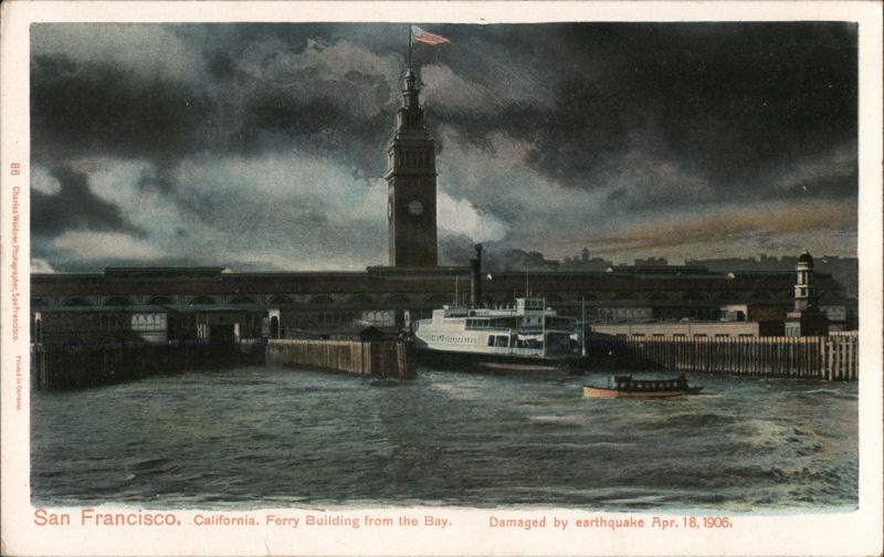 San Francisco Ferry Building from the Bay, Damaged by Earthquake California