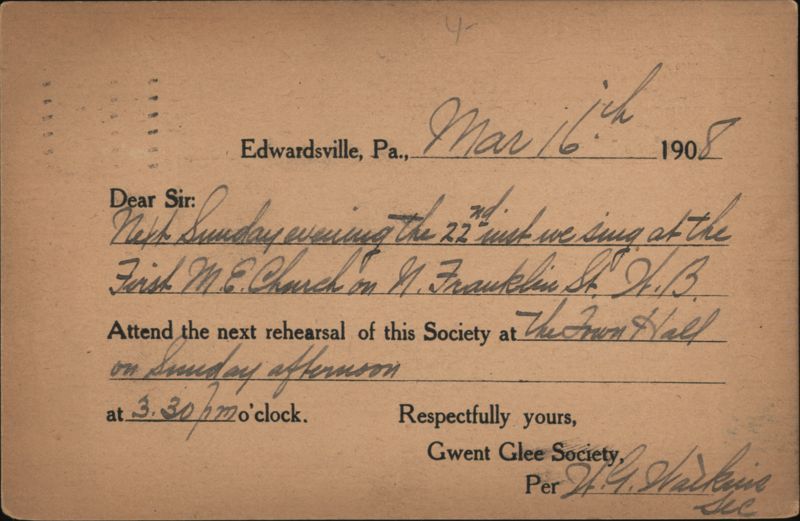 Gwent Glee Society Concert Announcement, Edwardsville PA Pennsylvania