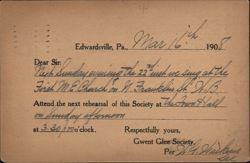 Gwent Glee Society Concert Announcement, Edwardsville PA Postcard
