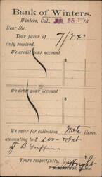 Bank of Winters Notice of Collection Postcard