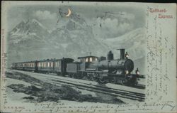Gotthard Express Train at Night with Crescent Moon Postcard