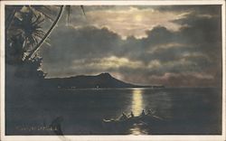 Diamond Head Beautiful Moonlit Scene Outrigger Canoe Postcard