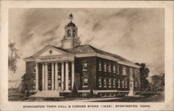 Stonington Town Hall & Corner Stone (1928) Postcard