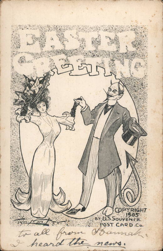 Easter Greeting - Devil Offering Flowers to Woman