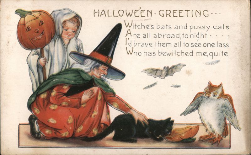 Halloween Greeting: Witches, Bats, and Pussy-Cats