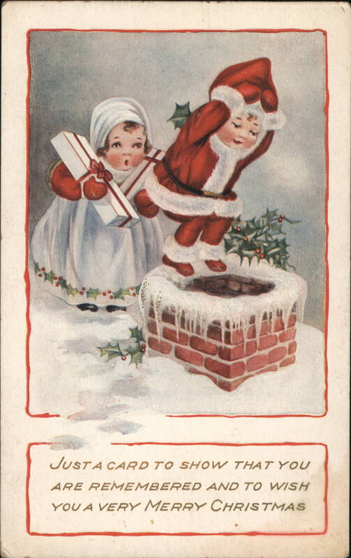 Santa Claus Going Down Chimney, Child with Gift Children