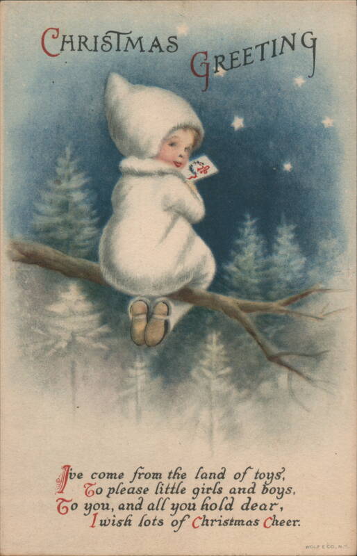 Christmas Greeting, Child in White with Gift Ellen Clapsaddle