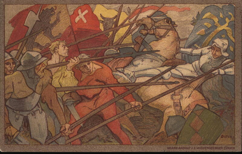 1911 Red Cross flag in midst of battle, war horse Switzerland