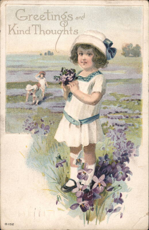 Greetings and Kind Thoughts - Girl with Violets Flowers