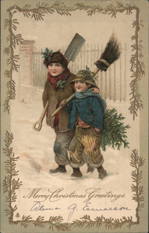Merry Christmas Greetings - Two Boys with Shovel, Broom, and Tree