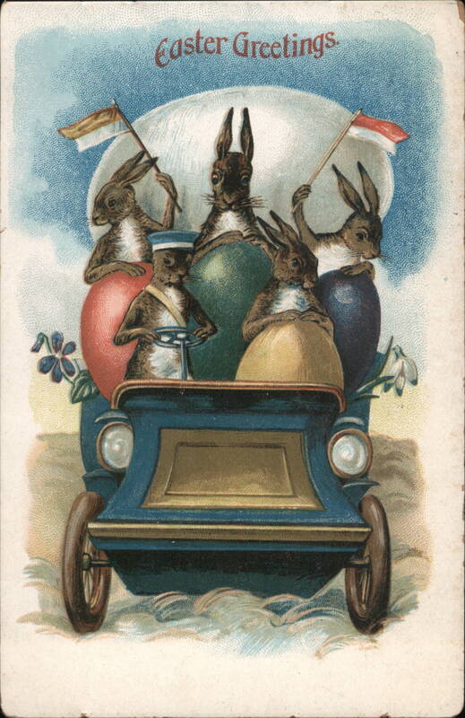 Easter Bunnies in an Antique Car With Bunnies