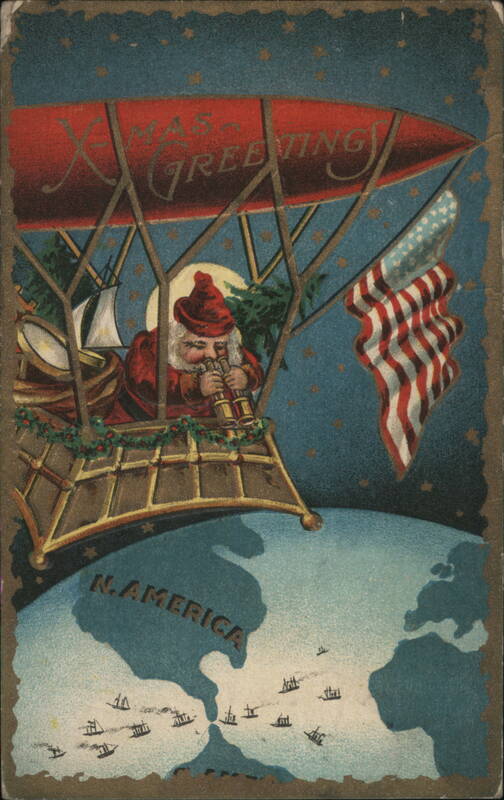 Santa in Airship over North America, Xmas Greetings