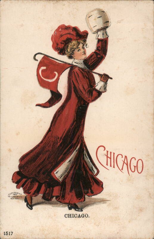 University of Chicago Woman in Red with Pennant and Muff