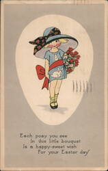Easter Greetings - Girl with Flowers and Bunny Postcard