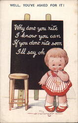 Child with Sign "Why Don't You Write?" Postcard