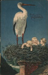 Hearty Congratulations - Stork and Babies in Nest Postcard