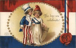 The day we celebrate! Boy and Girl in Red, White and Blue Costumes Postcard