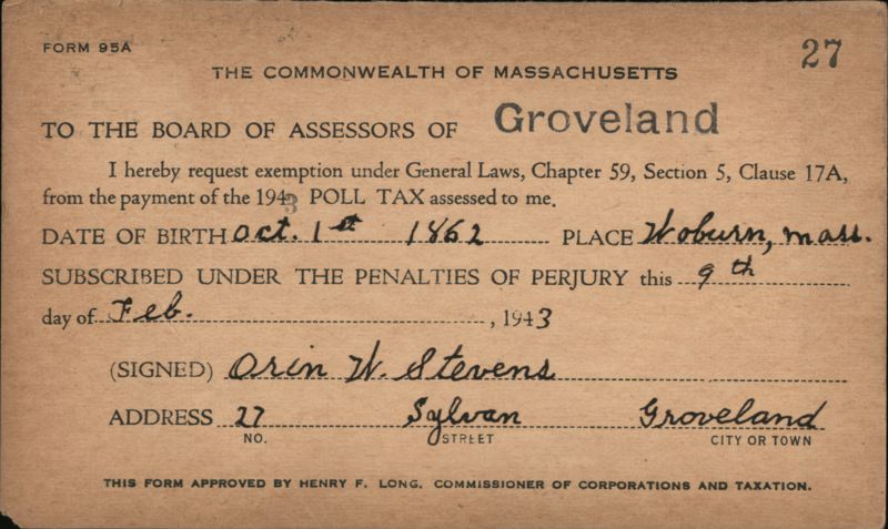 Poll Tax Exemption Request, Groveland MA, 1943 Massachusetts