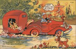Just Trailin' Along - Couple in Car with Camper and Dogs Postcard