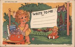 Write to Me - Little Girl Doing Laundry with Doll Postcard