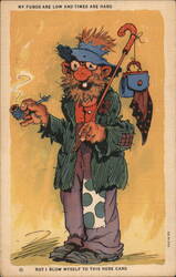 Hobo with Pipe, Cane, and Bag: "But I Blow Myself to This Here Card" Postcard