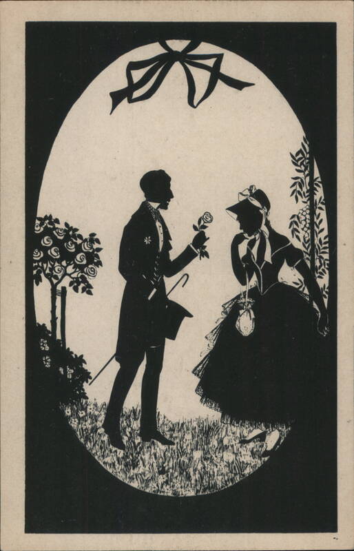 Victorian Era Couple Silhouette, Man Offering a Rose