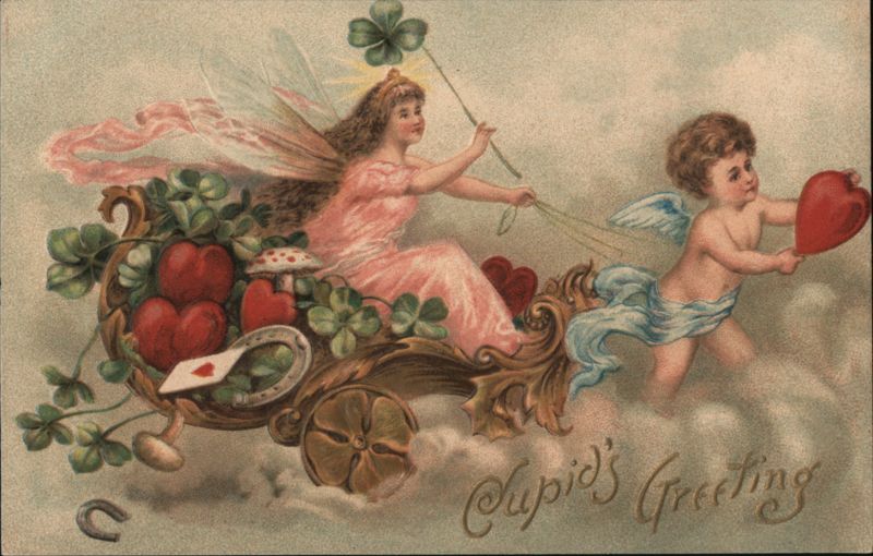 Cupid's Greeting - Fairy in Chariot with Cherub, Hearts, and Clovers