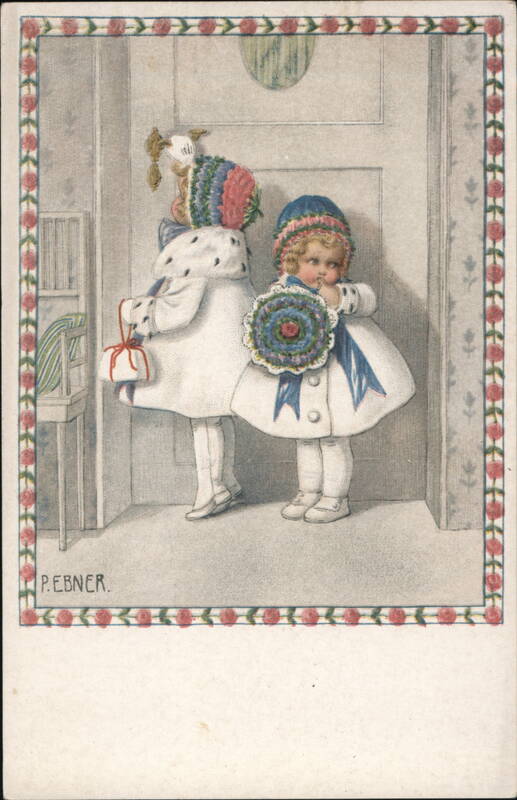 Two Girls in White Coats with Gifts and Flowers Pauli Ebner