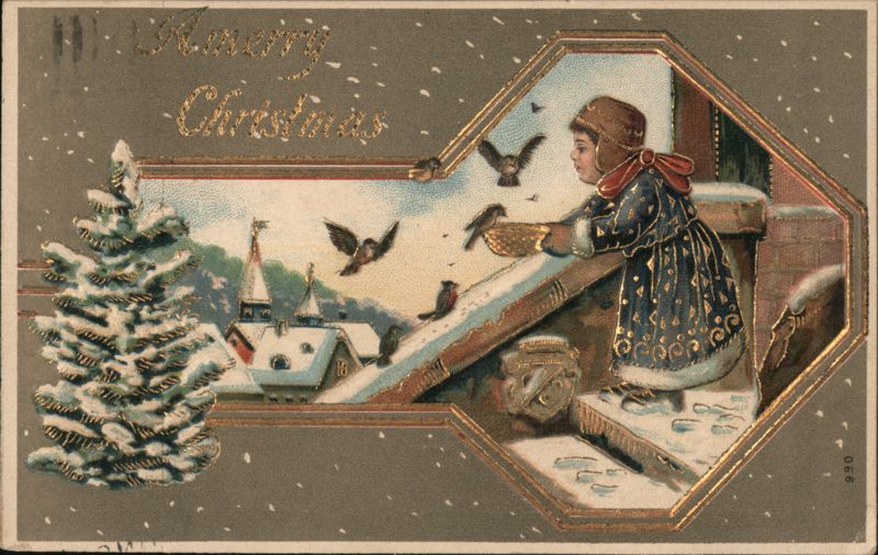 Merry Christmas - Girl Feeding Birds on Snowy Roof