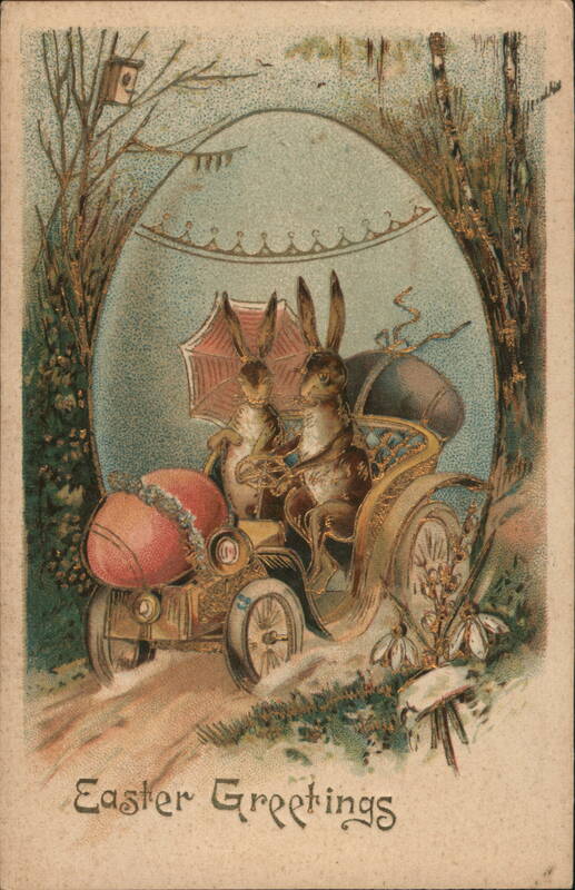 Easter Greetings - Bunnies in Antique Car With Bunnies