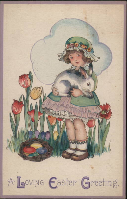 Little Girl with Easter Bunny and Tulips With Bunnies